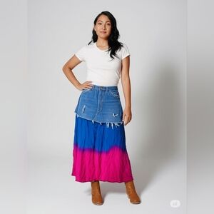Upcycled Red and Blue Tiered Distressed Midi Blue Jean Skirt